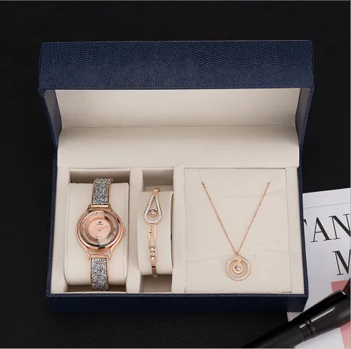 women quartz wristwatch stainless steel bangle/necklace/watch fashion jewelry gift set for ladies 3pcs/set
