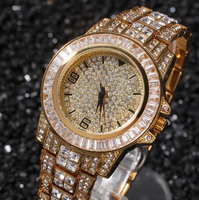 Mens bling-ed out 18k gold watch with crystal diamonds japan quartz movement waterproof 40mm