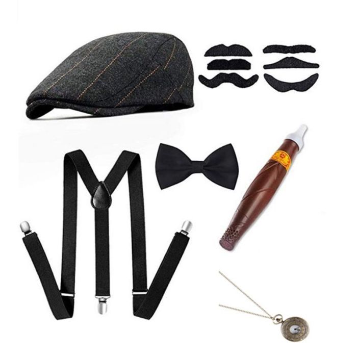 6Pcs/set Men Party Props 1920S Theme Cosplay Stage Performance Gatsby Beret Cigar Watch Suspender Tie Costumes Accessories Set