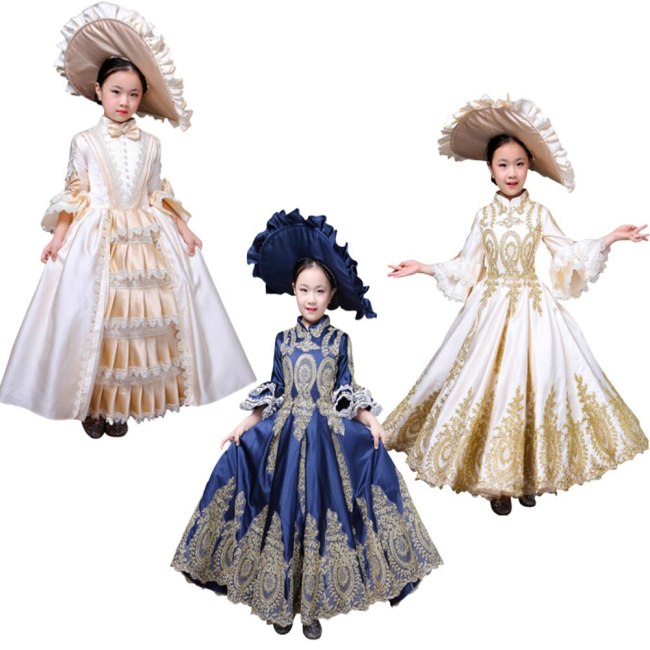 Kid Child girl champagne Bow Dance 18th Century Queen Victorian Marie Antoinette dress with hat