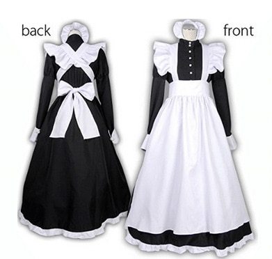 S-XXL Sexy Adult Men Woman Night French Maid Servant Costume Black&White French Maid Costume Halloween Party Long Dress