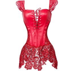 Sexy Women Gothic Corset Bustier Dress Faux Leahter Lace Strap Waist Cincher Steampunk Shaper Underwear Lingerie Red Plus Size