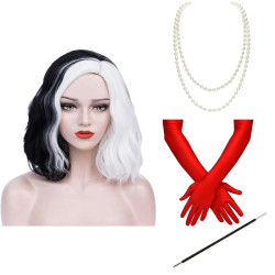 Cruella Deville De Vil White Black Wig for Deville Hair Short Curly Wavy Heat Resistant WIG