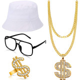 LD081Hip Hop Costume Kit Bucket Hat Sunglasses Gold Chain Ring 80s/90s Rapper Accessories
