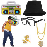 LD677 Hip Hop Costume Kit Bucket Hat Sunglasses Gold Chain Ring 80s/90s Rapper Accessories
