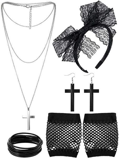 LD126 80s Costume Accessories Lace Headband Earrings Fishnet Gloves Necklace Bracelet, Black, 5 Pieces