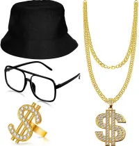 Hip Hop Costume Kit Bucket Hat Sunglasses Dollar Sign Chain Ring Earring