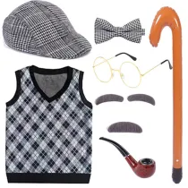 Old Man Costume Set for Kids Boys-Halloween Old Man Costume Kids 100 Days of School Grandpa Set