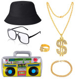 Hip Hop Costume Kit Bucket Hat Sunglasses Dollar Sign Chain Ring Earring