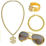 Hip Hop Costume Kit Bucket Hat Sunglasses Dollar Sign Chain Ring Earring
