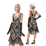 Sequin Beaded Art Deco Flapper Dresses 20s Great Gatsby Party Fringe Dress V-Neck Sleeveless Embroidery Midi Dress
