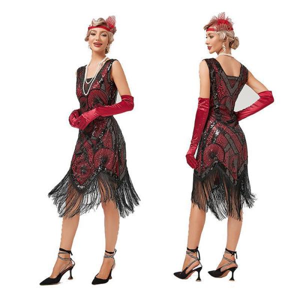 Sequin Beaded Art Deco Flapper Dresses 20s Great Gatsby Party Fringe Dress V-Neck Sleeveless Embroidery Midi Dress