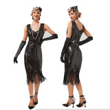 HS218  Women's V Neck Sequins Fringe Beaded Flapper Dress 1920s 30S Gatsby Fancy Cocktail Prom Wedding Party  Dress Size XS-3XL