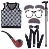 HS003  Old Man Costume for Kids 100 Days of School Costume for Boys with Old Man Hat Old Person Glasses Costume Cane Vest Set