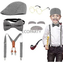 HS001 Old Man Costume for Kids100th Day of School Grandpa Costume Accessories Including Beret Hat Suspender Bowtie Beard Gangster