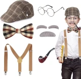 HS001 Old Man Costume for Kids100th Day of School Grandpa Costume Accessories Including Beret Hat Suspender Bowtie Beard Gangster