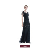 cq03 Sheer Long Maxi Formal Party Dress Women Short Sleeve Vestido Beaded Sequin Long Dress