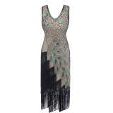 502  1920s Vintage Peacock Sequined Dress Gatsby Fringed Flapper Dress Roaring 20s Party Dress