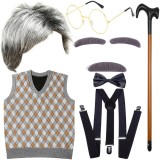 HS003  Old Man Costume for Kids 100 Days of School Costume for Boys with Old Man Hat Old Person Glasses Costume Cane Vest Set