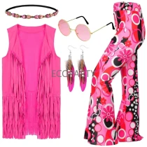 HI-100 70s Costume for Women Disco Outfits Hippie Accessories Fringe Vest Boho Flared Pants Set 2023 New Style Cosplay Costume Women
