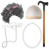 HS005 Halloween Grandma Wig COS Grandma Short Curly Hair Curly Hair Rod Glasses Bracelet Crutch Middle and Old Age Skirt Dressing