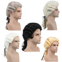 HS104 Lawyer Judge Baroque Cosplay Curly Wig Grey White Black Men Costume Wigs Deluxe Historical Long Synthetic Wig For Halloween 2022