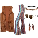 HI-100 70s Costume for Women Disco Outfits Hippie Accessories Fringe Vest Boho Flared Pants Set 2023 New Style Cosplay Costume Women