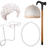 HS005 Halloween Grandma Wig COS Grandma Short Curly Hair Curly Hair Rod Glasses Bracelet Crutch Middle and Old Age Skirt Dressing