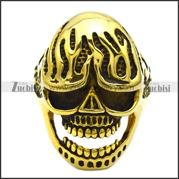 antique gold fire skull ring r001492