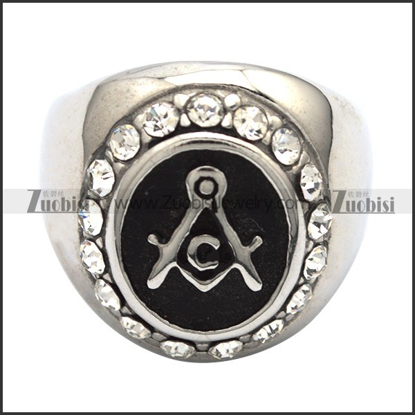 316L Stainless Steel Masonic Rings with Several Clear Rhinestones -r000892