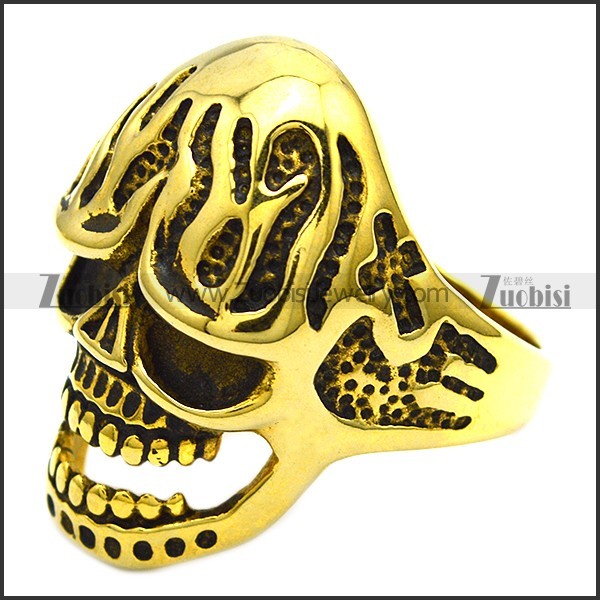 antique gold fire skull ring r001492