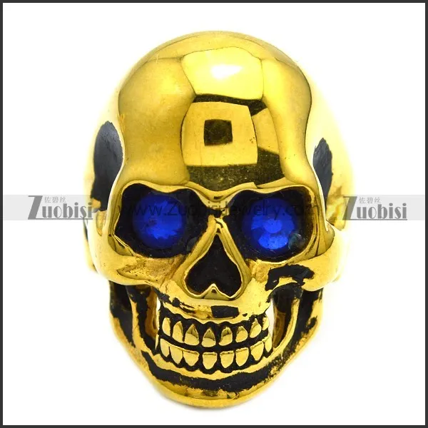 Skull Ring Gold Finishing with Blue Stone Eyes r002009