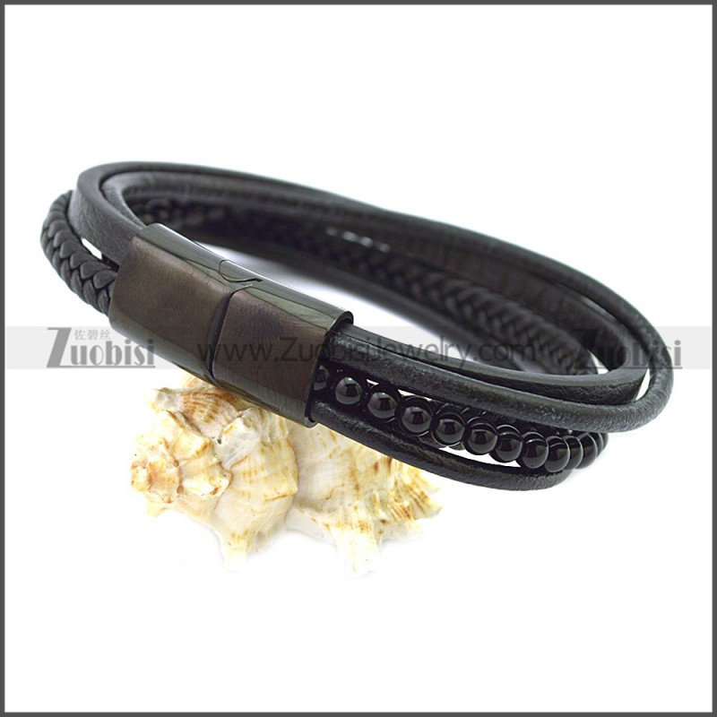 Stainless Steel Leather Bracelet b009807H2