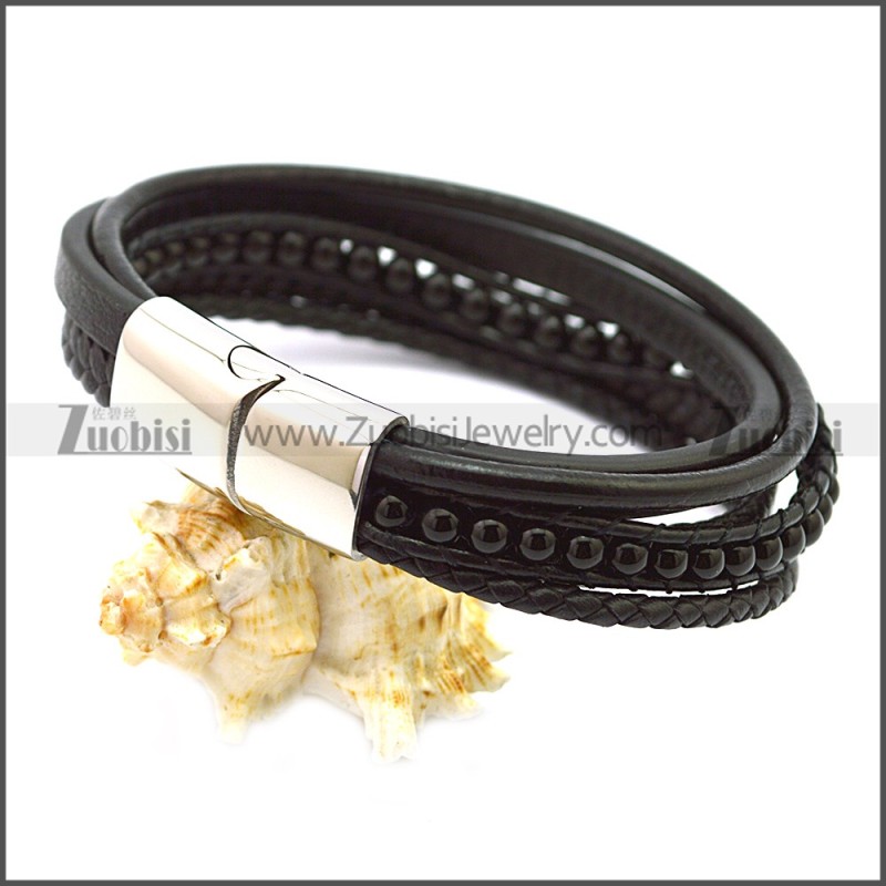 Stainless Steel Leather Bracelet b009808H2