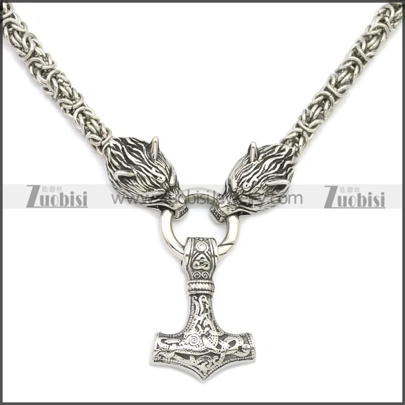 Stainless Steel Wolf Head Norse Viking Amulet Thor Mjolnir King Chain Necklace n003140S