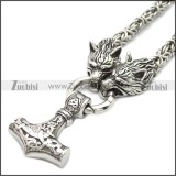 Stainless Steel Wolf Head Norse Viking Amulet Thor Mjolnir King Chain Necklace n003140S