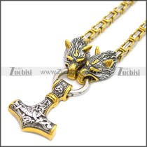 Wolf Head Norse Viking Thor Hammer Pendant Stainless Steel King Chain n003139GS