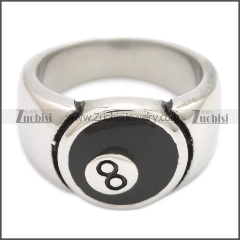 Stainless Steel Chunky Billiard Snooker Black 8 Ball Enamel Ring r008587SH