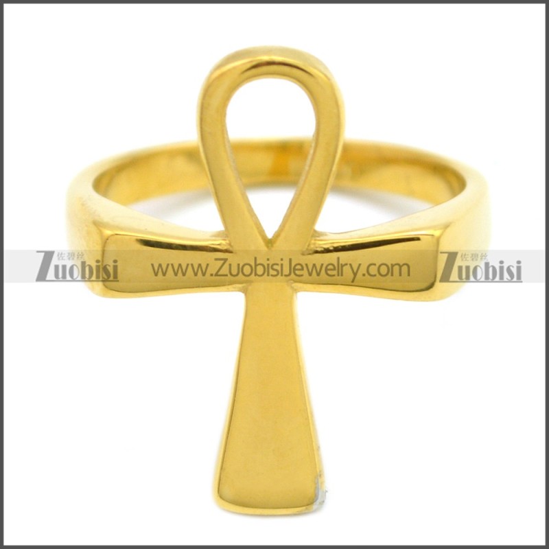 24K Yellow Gold Plating Ancient Egyptian Stainless Steel Ankh Ring Jewelry r008595G