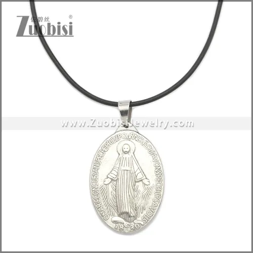 Rubber Necklace W Silver Plated Stainless Steel Virgin Mary Pendant n003180HS