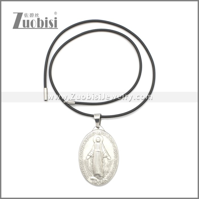 Rubber Necklace W Silver Plated Stainless Steel Virgin Mary Pendant n003180HS