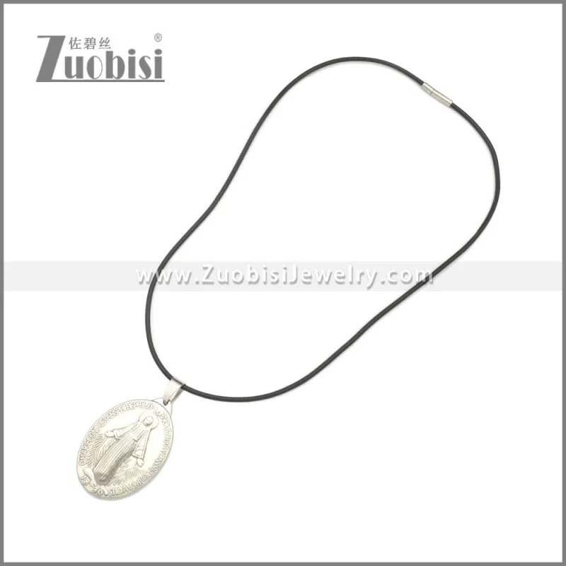 Rubber Necklace W Silver Plated Stainless Steel Virgin Mary Pendant n003180HS