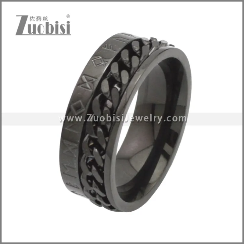 Black Cuban Link Rotating Norse Viking Symbol Ring for Men r008750H