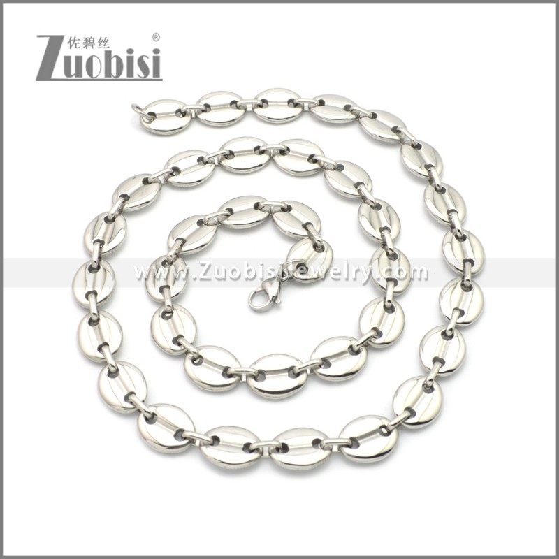 Silver Tone Stainless Steel Coffee Bean Chain Necklace n003201S