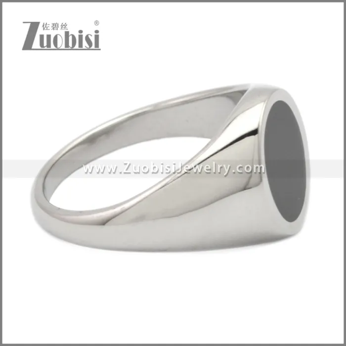 Shiny Silver Stainless Steel Black Enamel Ring r009056S2