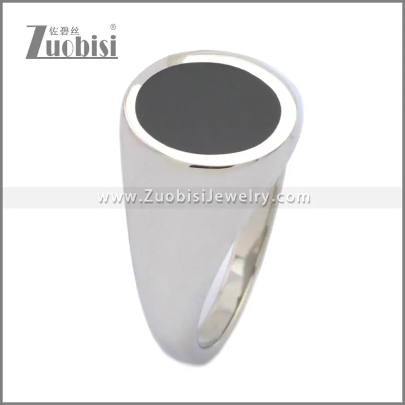 Shiny Silver Stainless Steel Black Enamel Ring r009056S2