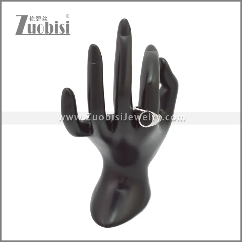Shiny Silver Stainless Steel Black Enamel Ring r009056S2