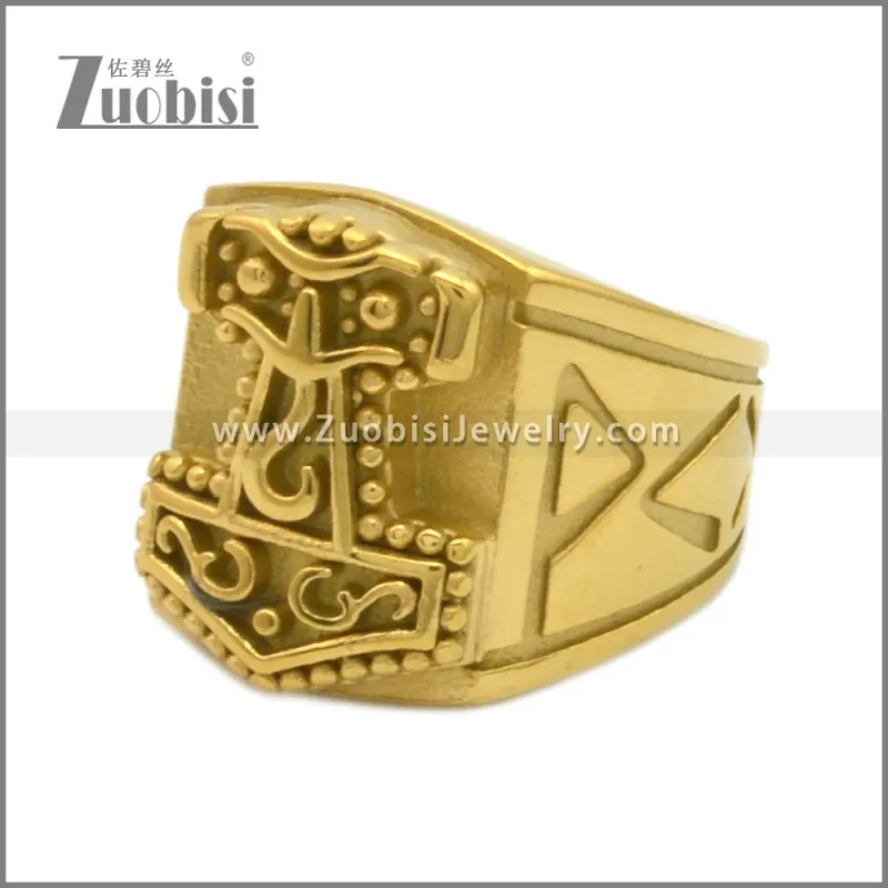 Gold Plated Thor Hammer Stainless Steel Viking Rings r009198G