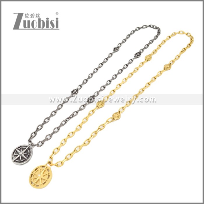 Oxidized Black Stainless Steel Compass Pendant Chain n003422S