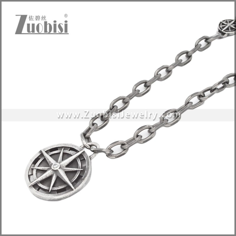 Oxidized Black Stainless Steel Compass Pendant Chain n003422S